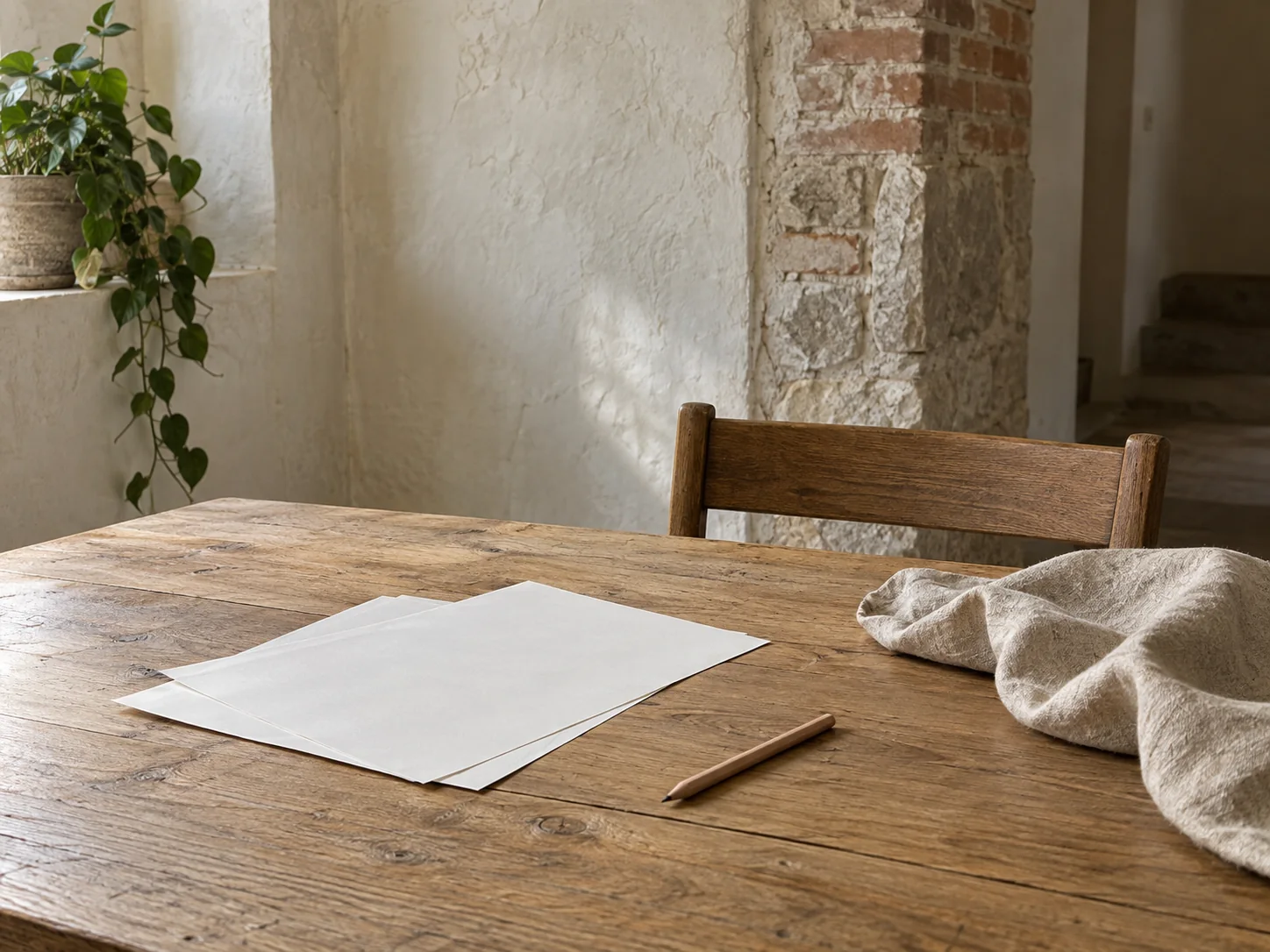 Heller Arbeits- und Begegnungsraum mit Holztisch, Papier und natürlichem Licht