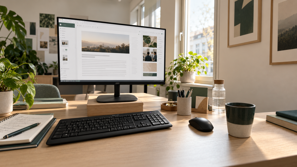 Heller Arbeitsplatz mit Monitor, Tastatur, Notizbuch, Stiften, Pflanzen und Kaffeebecher.