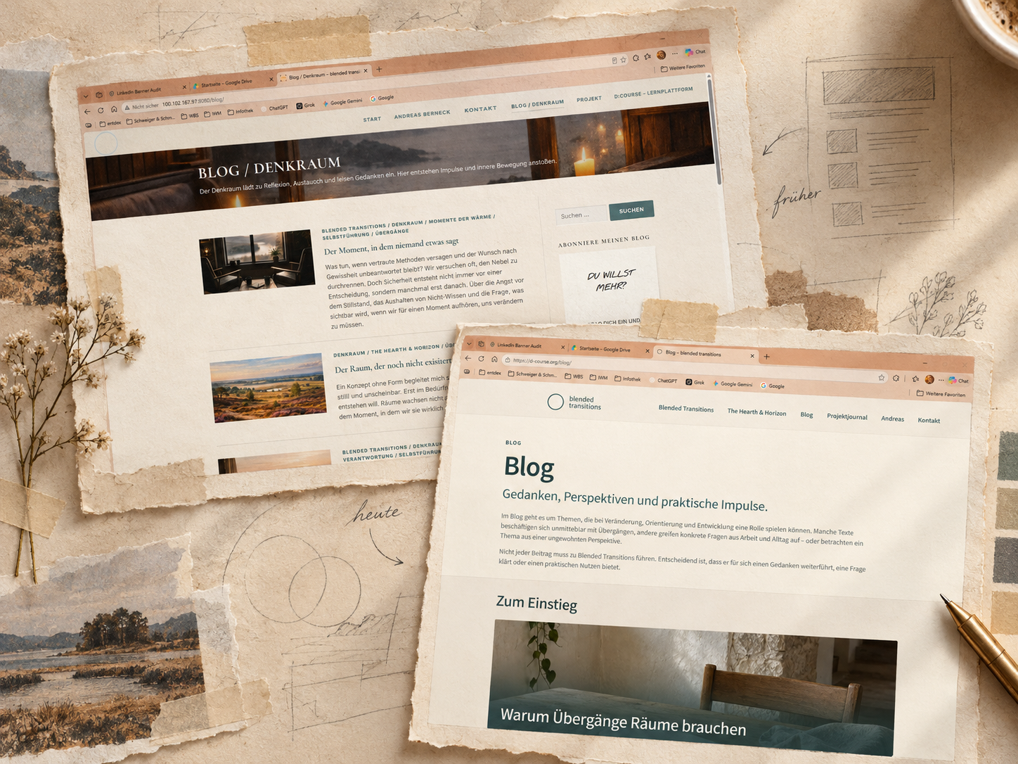 Skizzenhafte Gegenüberstellung des früheren „Blog / Denkraum“ und des heutigen Blogs von Blended Transitions.